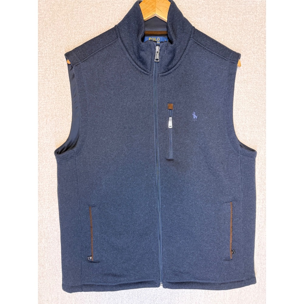 Polo Ralph Lauren Men's Large Full Zip Sweater Vest Navy Blue Mock Neck Pony